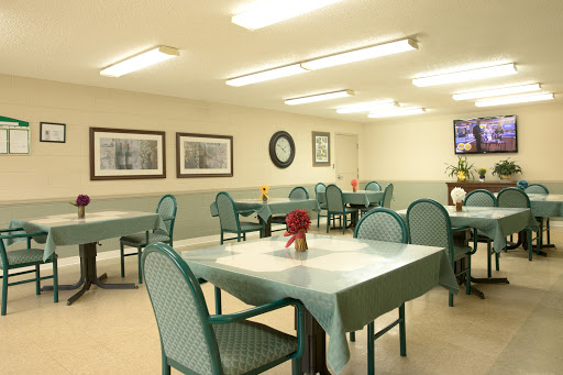 A spacious dining area featuring green tables and chairs, illuminated by overhead lighting.