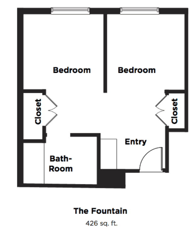 A basic floor plan of an apartment featuring two bedrooms, a bathroom, closets, and an entryway.