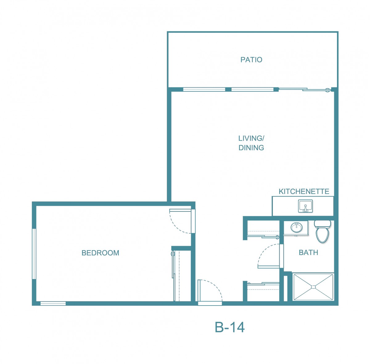 A floor plan layout of an apartment showing a bedroom, living kitchen area, and bathroom.