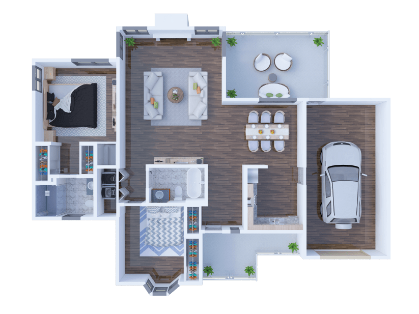 A 3D rendered floor plan showcasing a modern home interior layout.