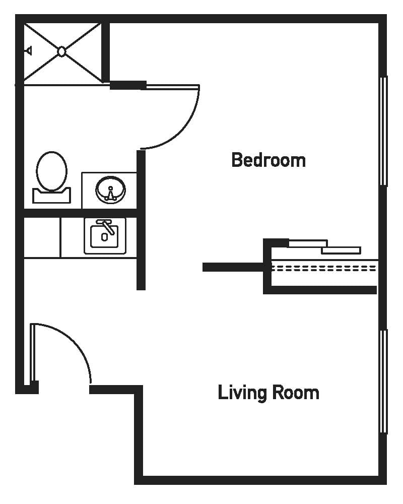 A simple floor plan of an apartment with a bedroom, living room, bathroom, and kitchen area.