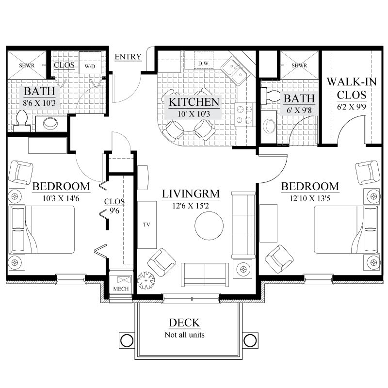 Floor plan of a two-bedroom apartment with a kitchen, living room, two bathrooms, and a deck.