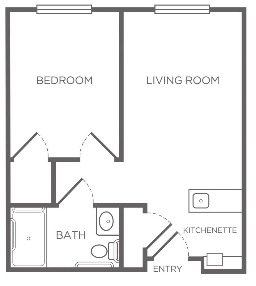 One-bedroom apartment floor plan with living room, bathroom, and kitchenette.