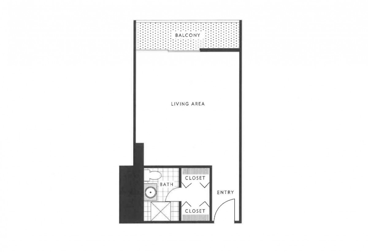 Studio apartment floor plan with a balcony, living area, kitchen, bathroom, and closets.