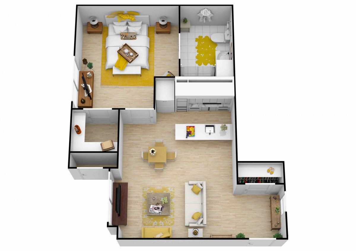 A 3D rendered floor plan of a modern apartment featuring one bedroom, one bathroom, a kitchen, and a living room.