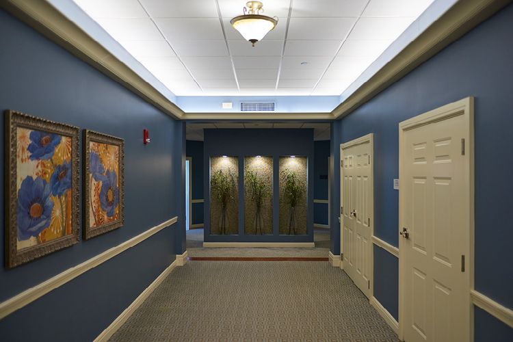 A well-lit hallway with blue walls, artwork, and multiple doors.