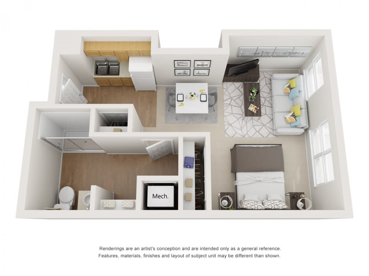 A 3D floor plan of a modern one-bedroom apartment featuring a kitchen, living room, bathroom, and bedroom.