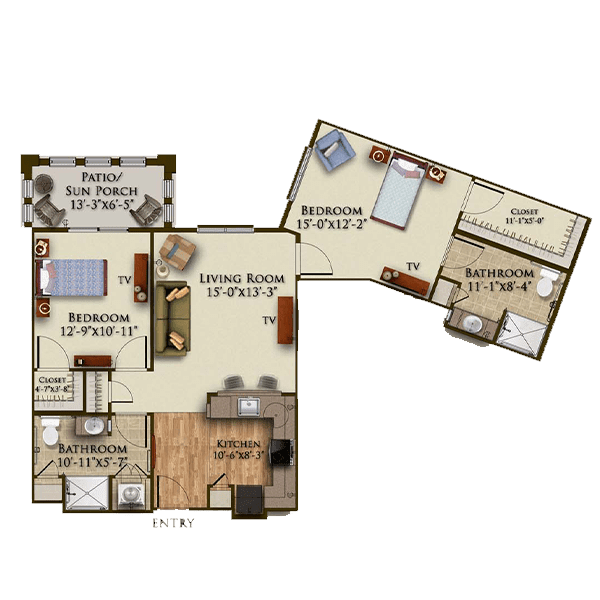 This image shows a detailed floor plan of a two-bedroom apartment, including a living room, kitchen, and bathroom.