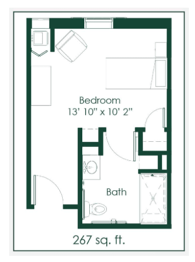 A small apartment floor plan featuring a bedroom and a bathroom.