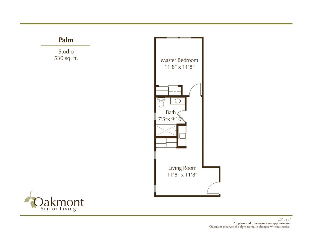 Studio apartment floor plan with a living room, kitchen, and bathroom.