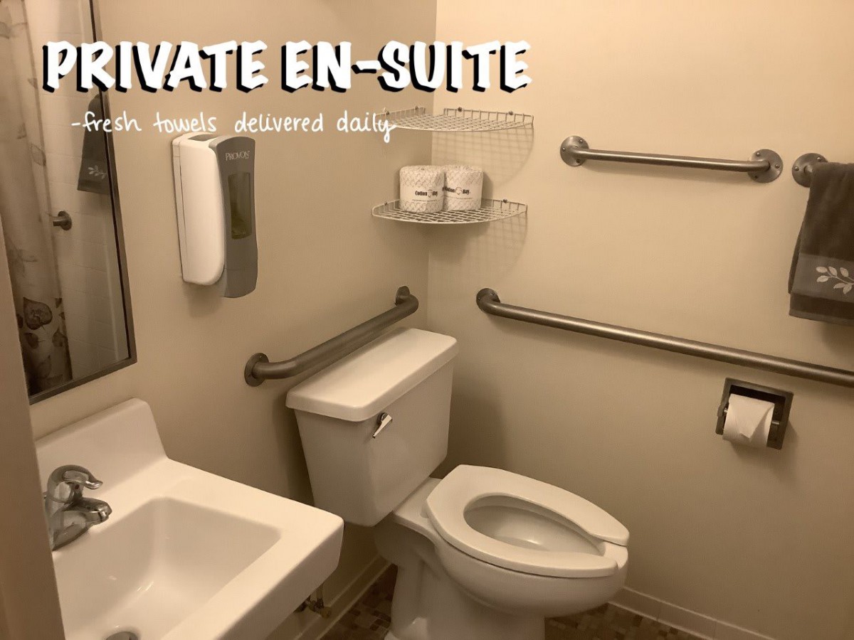 An accessible private en-suite bathroom with grab bars and essential amenities.