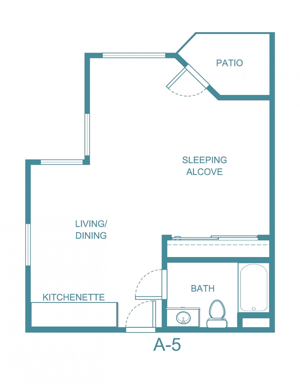 A floor plan of a studio apartment featuring a living/dining area, kitchenette, sleeping alcove, bathroom, and patio.