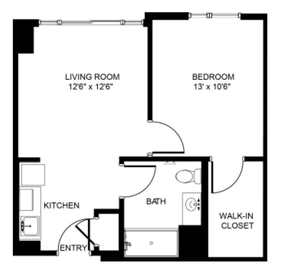 One-bedroom apartment floor plan with living room, kitchen, bathroom, and walk-in closet.