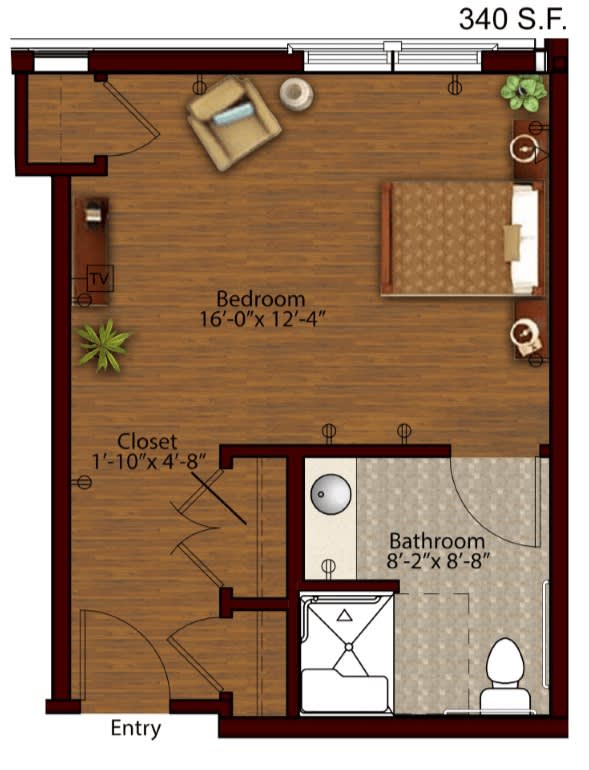A detailed floor plan of an apartment featuring a bedroom, bathroom, living area, and closet.