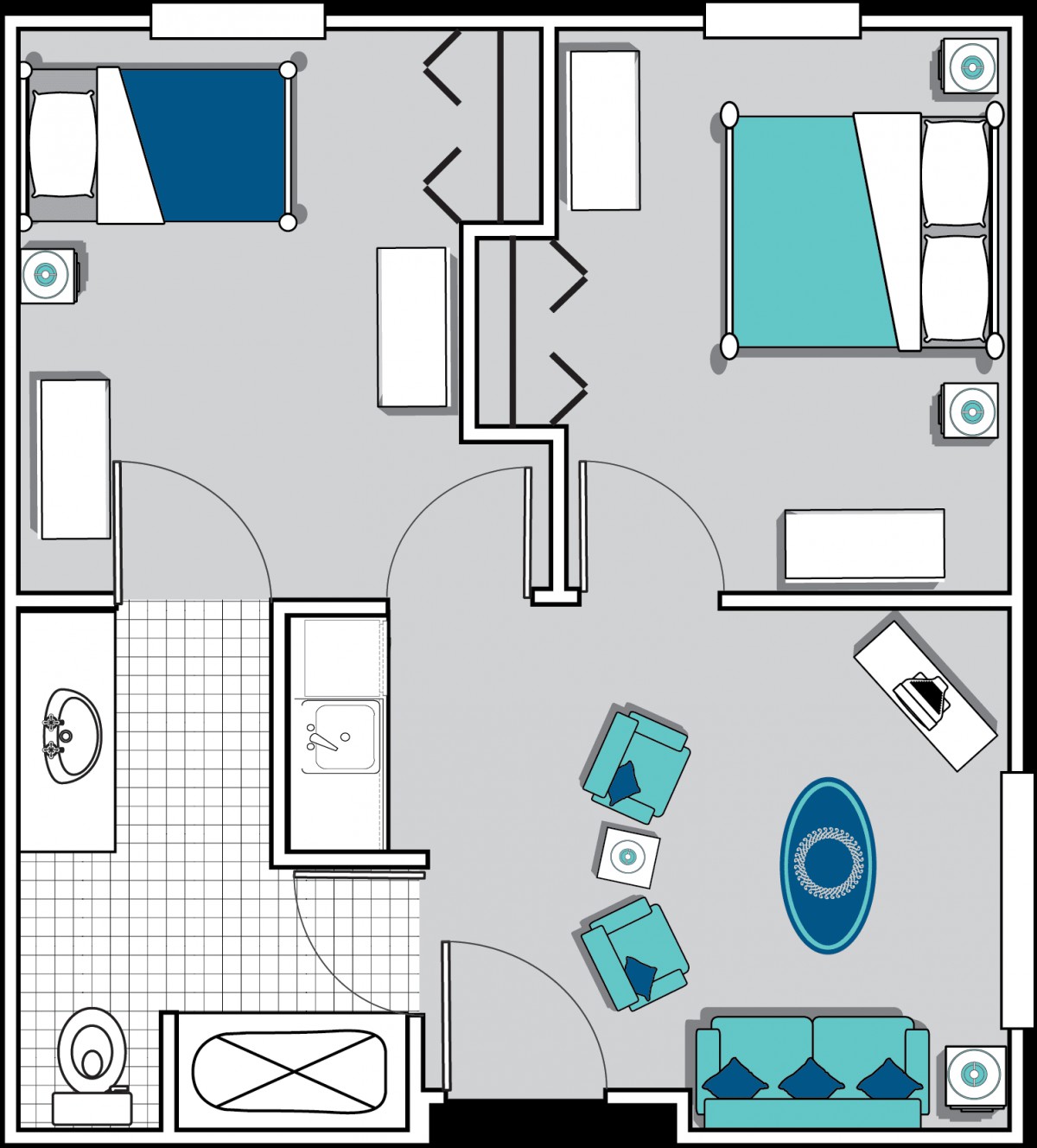 A detailed floor plan of a two-bedroom apartment with a living room and bathroom.