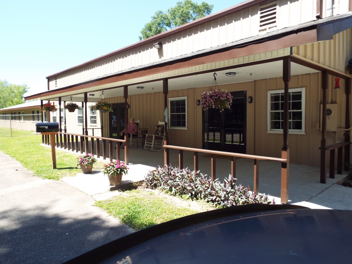 A sunny day view of a building with a covered porch and hanging plants.