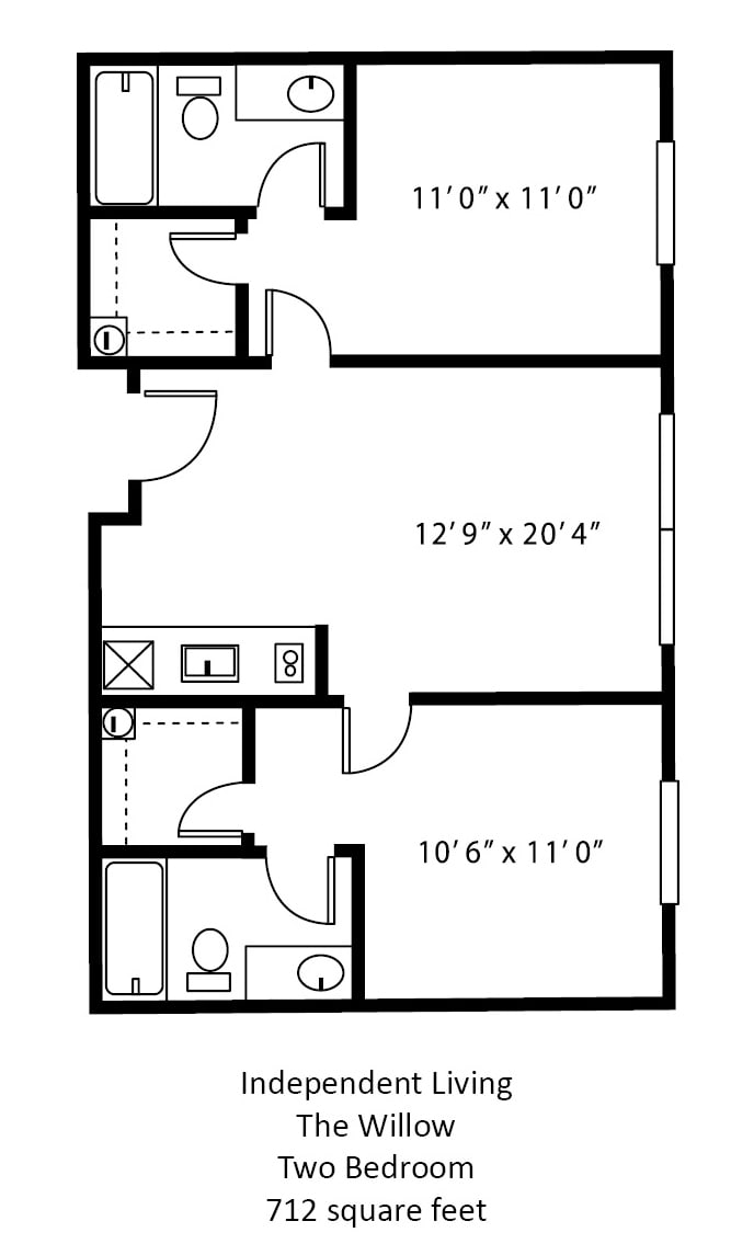 A simple floor plan showing the layout of an apartment with labeled room dimensions.