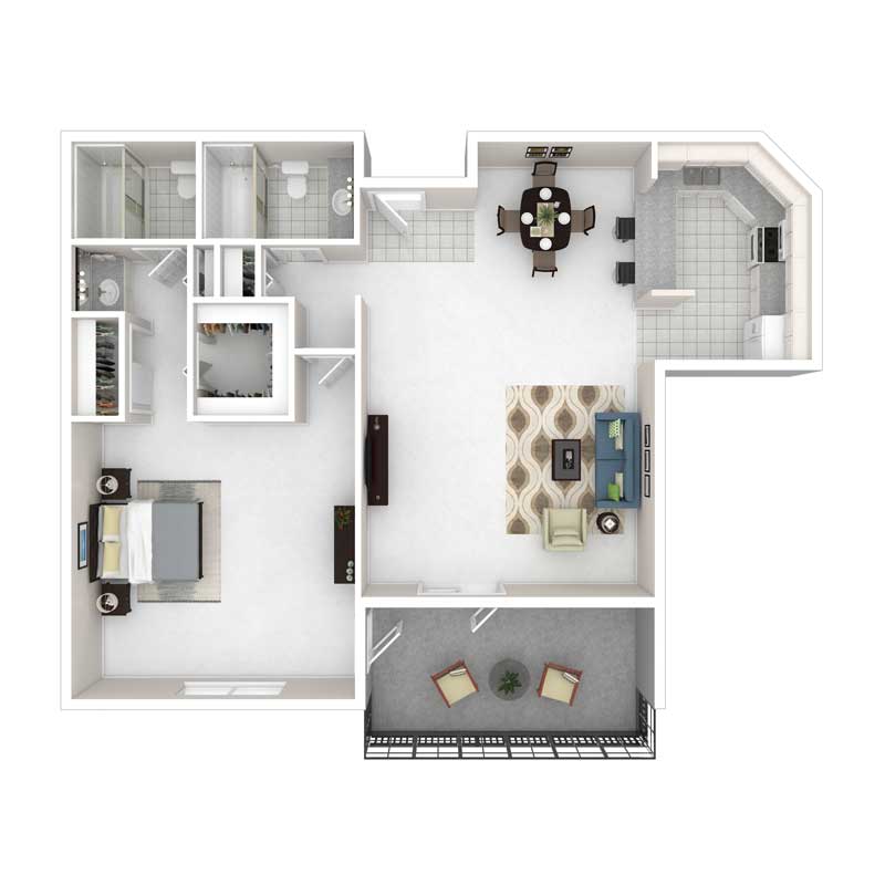 A detailed floor plan of a one-bedroom apartment featuring a living room, kitchen, and dining area.