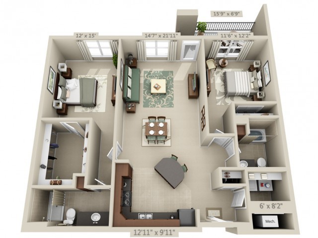 A detailed floor plan of a two-bedroom apartment with an open living space, kitchen, and bathroom.