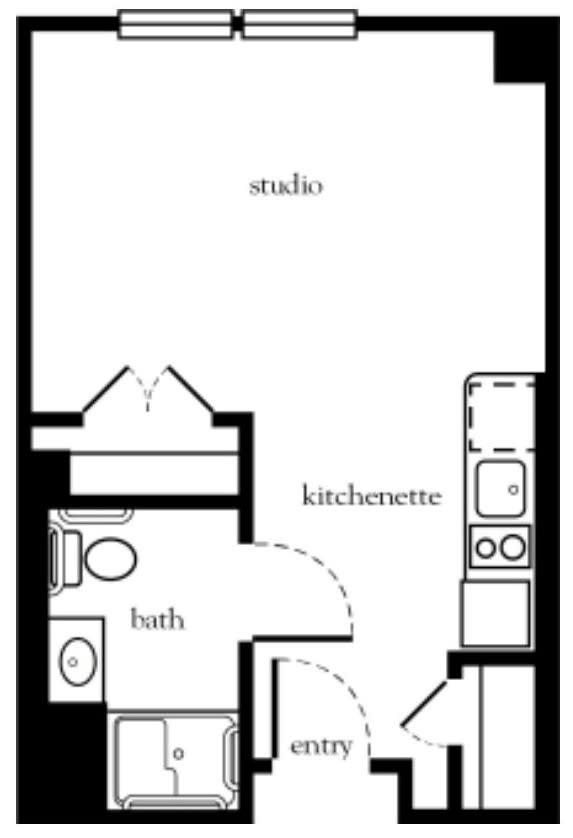 A floor plan of a studio apartment featuring a kitchenette and bathroom.