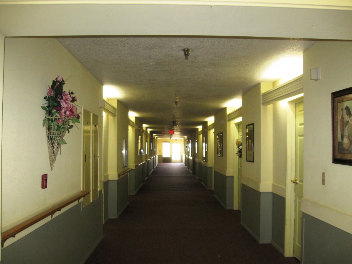 A long, brightly lit hallway with doors on either side.