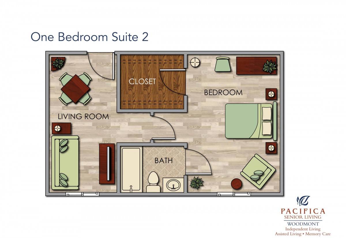 A floor plan of a one-bedroom suite featuring a living room, bedroom, bathroom, and closet.