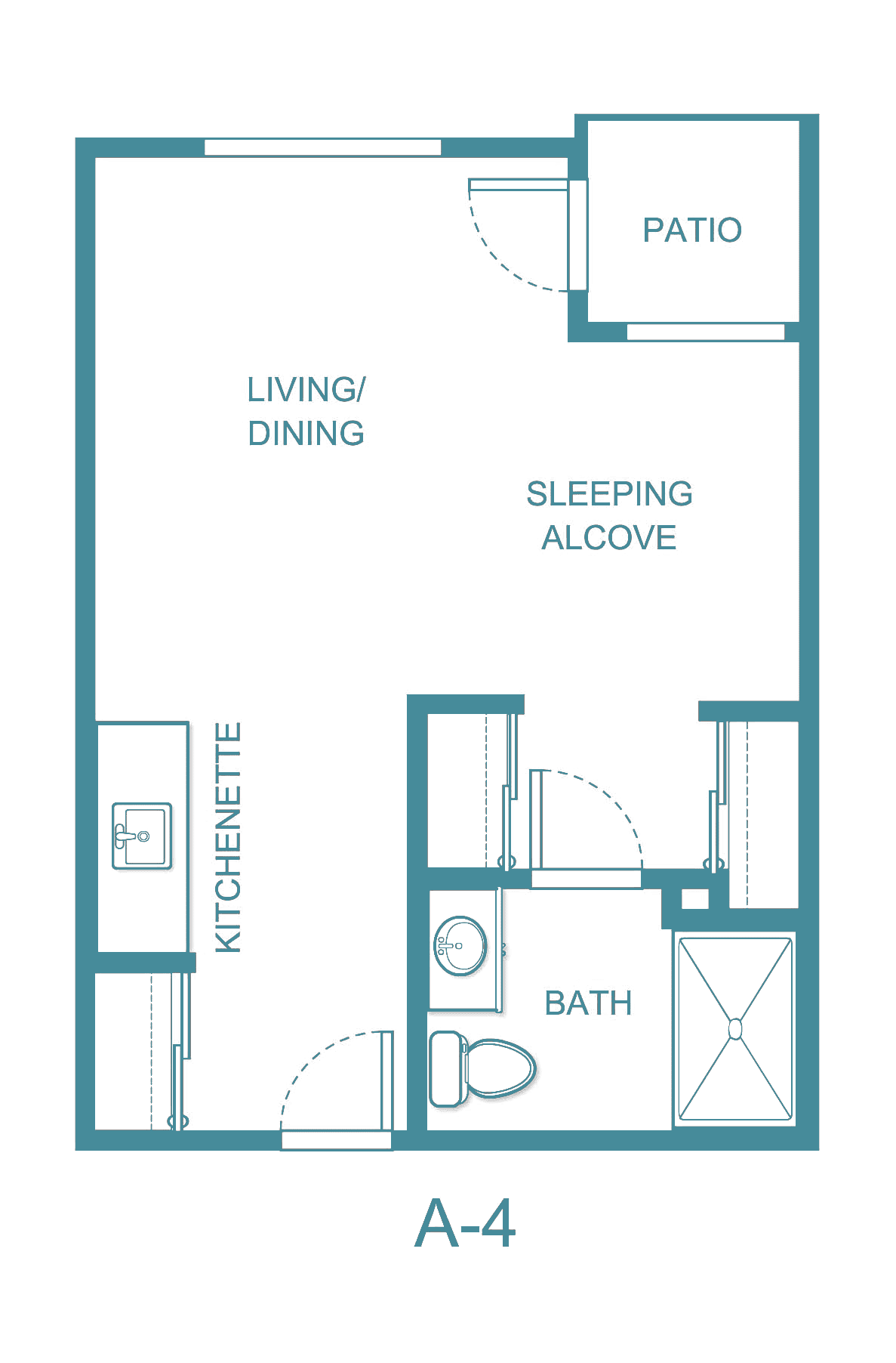 Studio apartment floor plan with kitchenette, living/dining area, bathing space, and sleeping alcove.