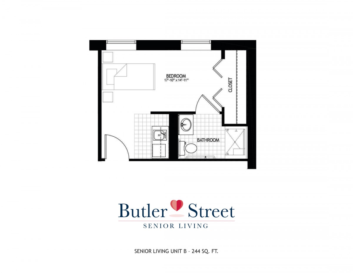 Studio apartment floor plan for Butler Street Senior Living.