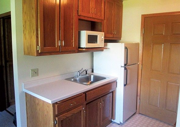 A compact kitchen area with wooden cabinets, a microwave, and a refrigerator.