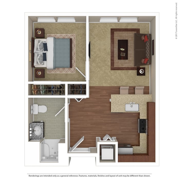 A 1-bedroom apartment floor plan with a living room, kitchen, bathroom, and bedroom.