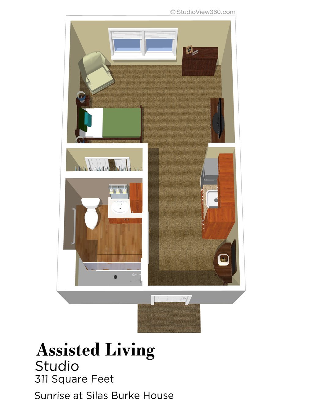 A 3D floor plan of an assisted living apartment, featuring a living area, kitchenette, and bathroom.