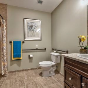 An accessible bathroom with a modern design, featuring a toilet, sink, shower area, and wall decor.