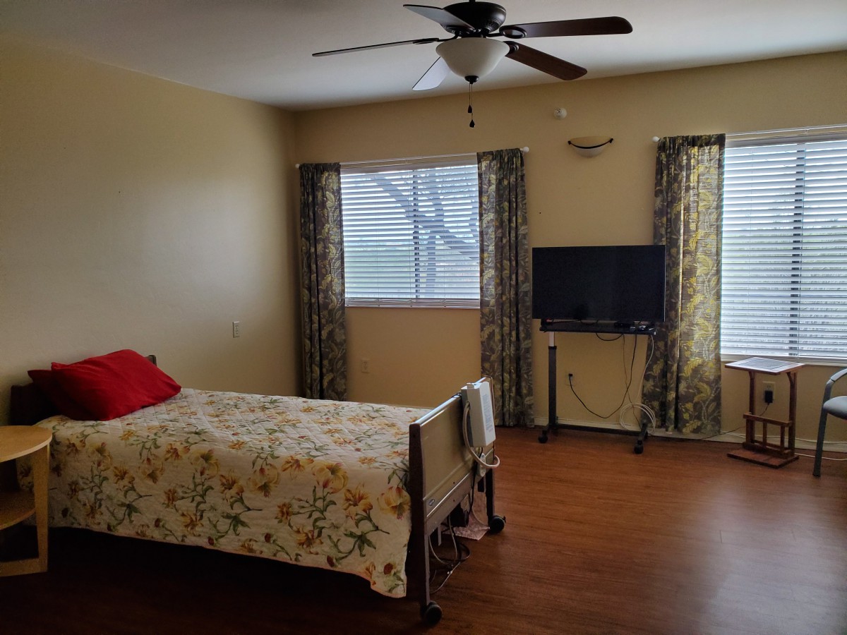 A cozy bedroom with a single bed, ceiling fan, and wooden flooring, featuring windows adorned with curtains and a television on a stand.