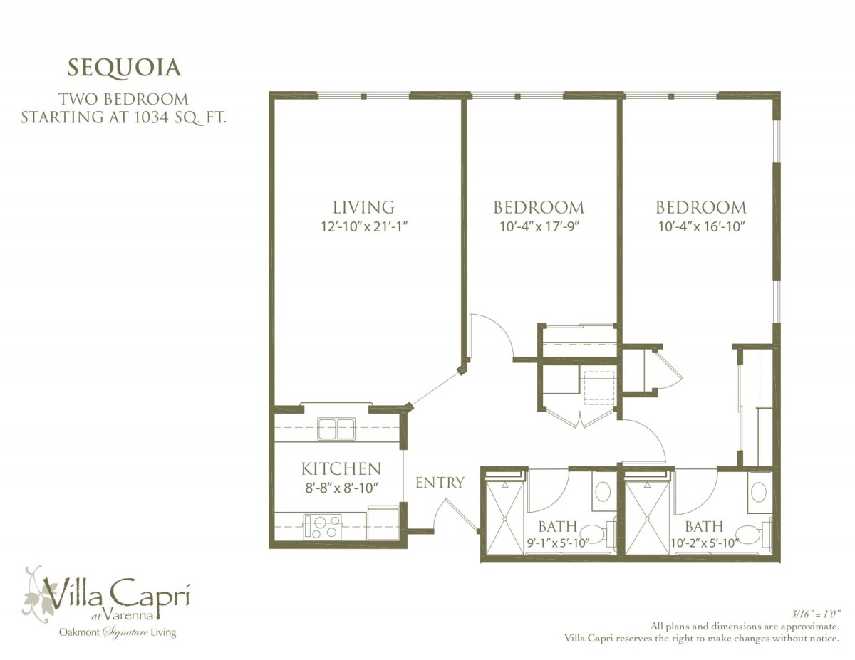 A floor plan of a three-bedroom, two-bathroom apartment.