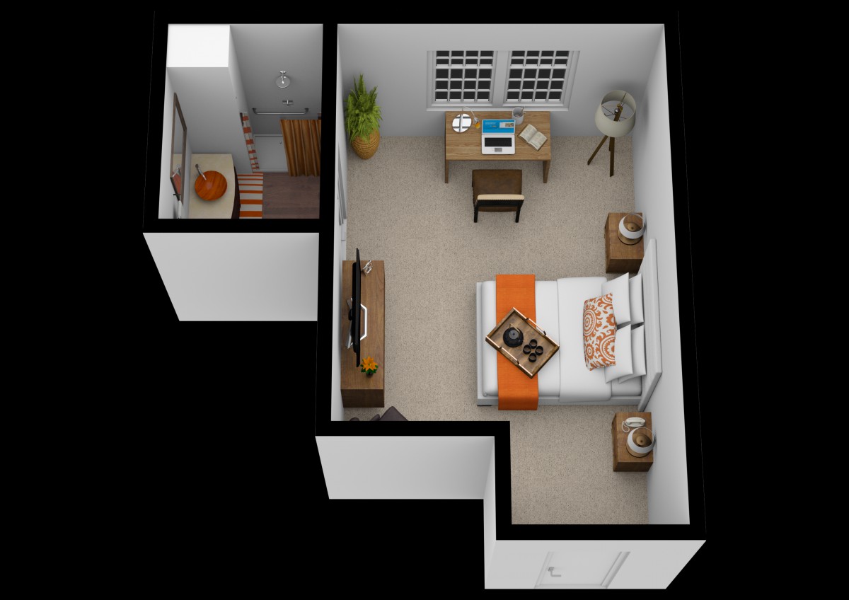 A 3D render of a bedroom layout featuring a bed, desk, TV, and decorative elements.