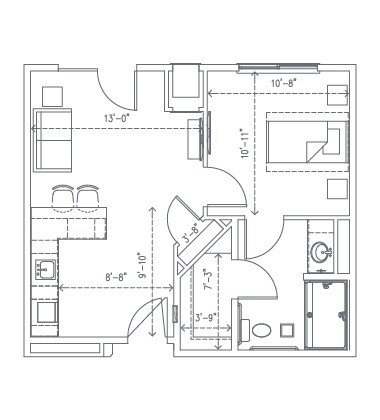 A detailed floor plan of a one-bedroom apartment layout.