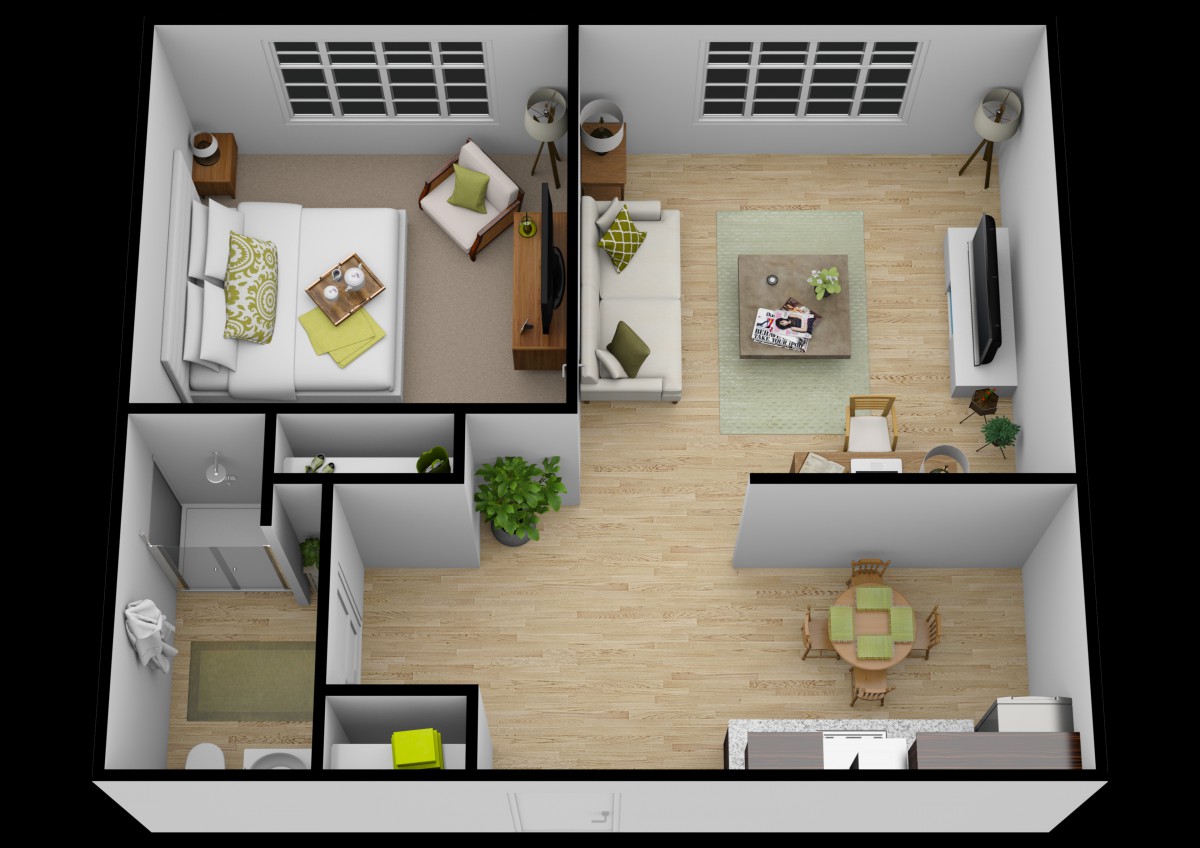 A modern apartment floor plan featuring a living room, bedroom, and dining area.