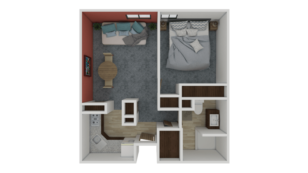 A one-bedroom apartment floor plan featuring a living area, kitchen, and bathroom.