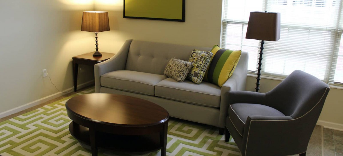 A cozy living room featuring a grey sofa adorned with patterned pillows, a dark wooden coffee table, and a stylish lamp.