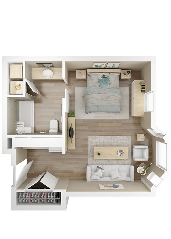 A 3D floor plan of a one-bedroom apartment featuring a bedroom, bathroom, and living area.
