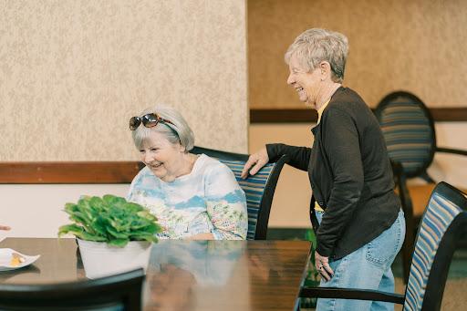 Two women enjoying a light moment together indoors, sharing smiles and conversation.
