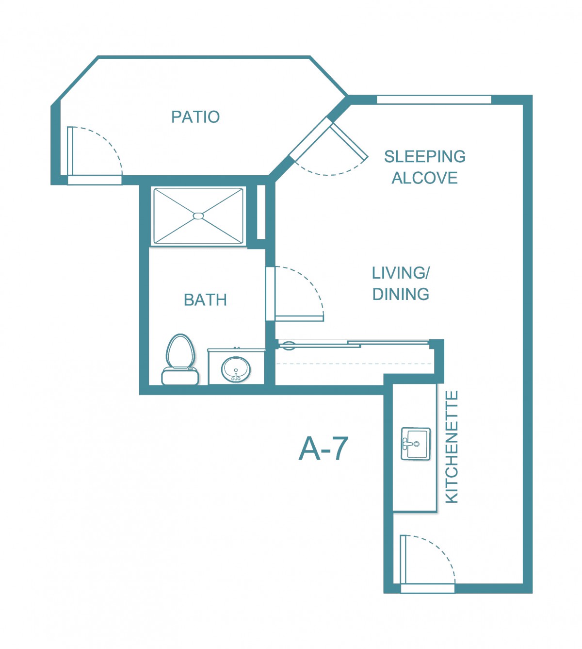 A studio apartment floor plan with a patio, sleeping alcove, and living/dining area.