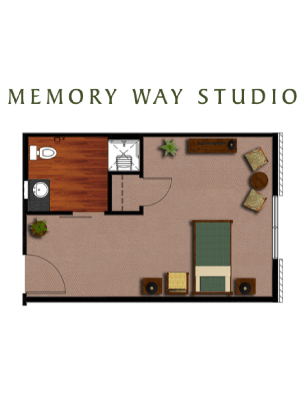 Floor plan of a studio apartment labeled 'Memory Way Studio' featuring living and sleeping areas.
