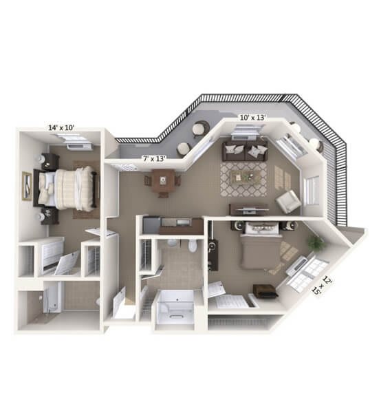 A floor plan of a one-bedroom apartment featuring a living room, kitchen, bathroom, and balcony.