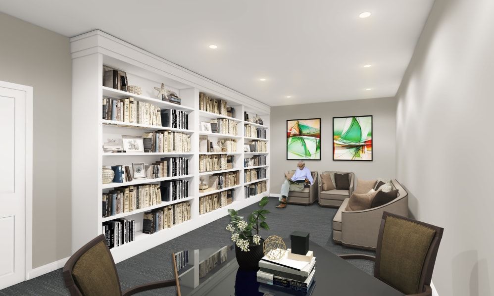 A modern library with cozy seating and extensive bookshelves.