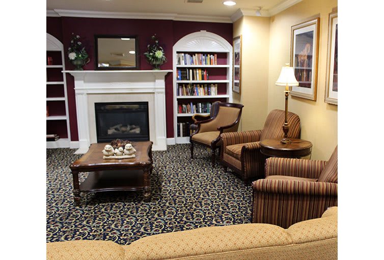 A cozy living room with a fireplace, surrounded by bookshelves and comfortable armchairs.