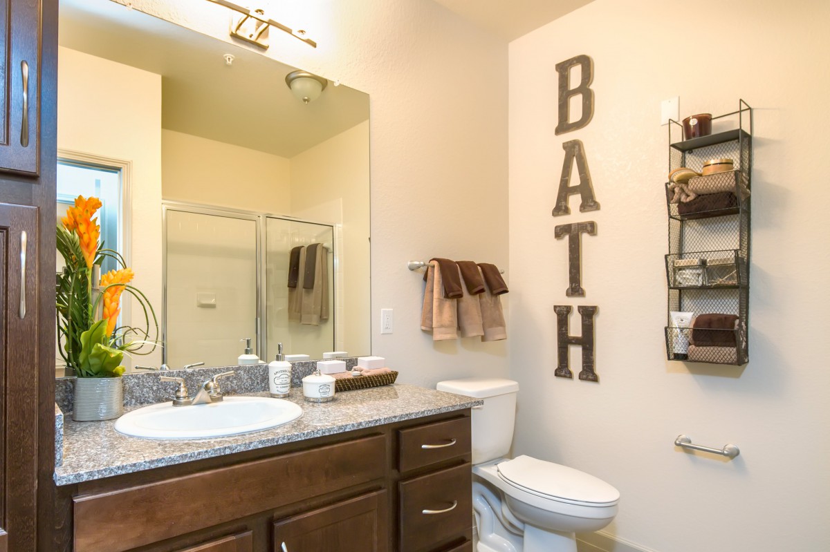 A modern bathroom with a sink, mirror, and shower.