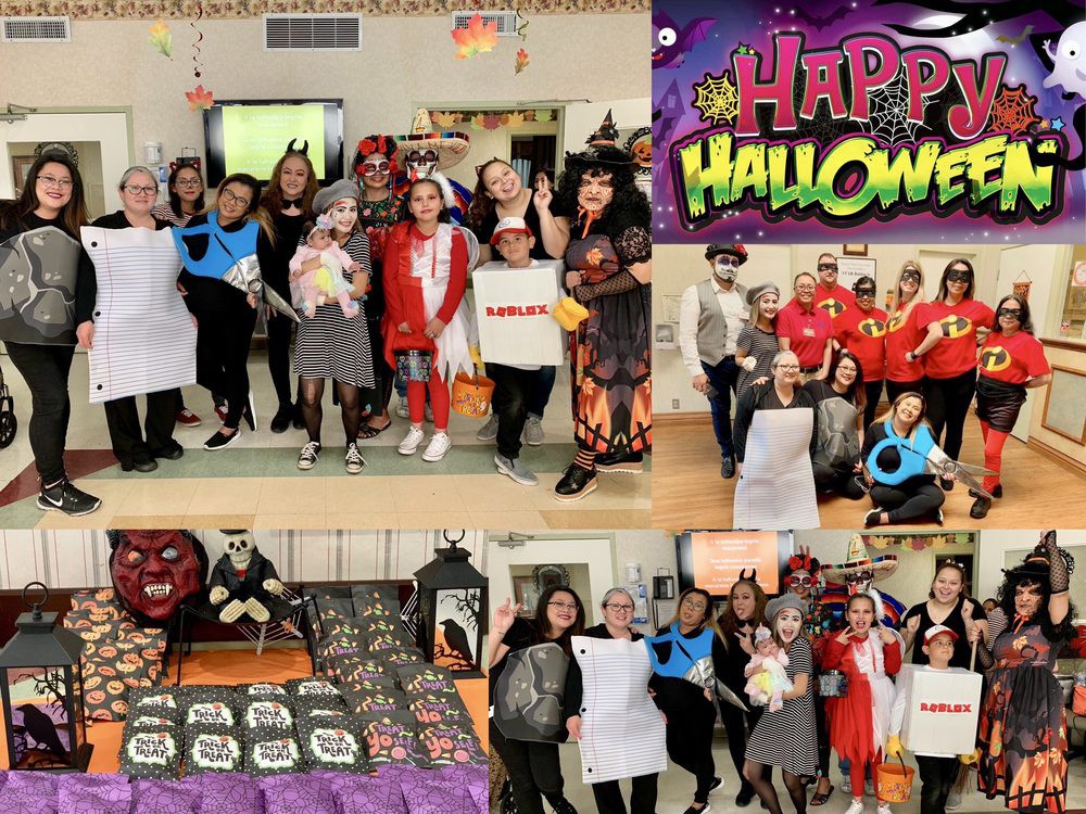 A festive Halloween celebration with costumes and decorations.