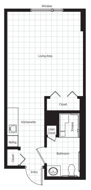 Studio apartment floor plan with a living area, kitchenette, closet, and bathroom.