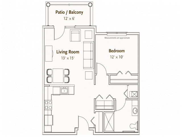 A floor plan of a one-bedroom apartment with labeled rooms, including a living room, bedroom, and a patio/balcony.